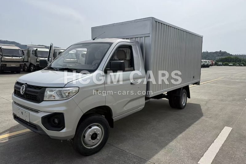 DFSK petrol box truck in silver, front three-quarter view from the left