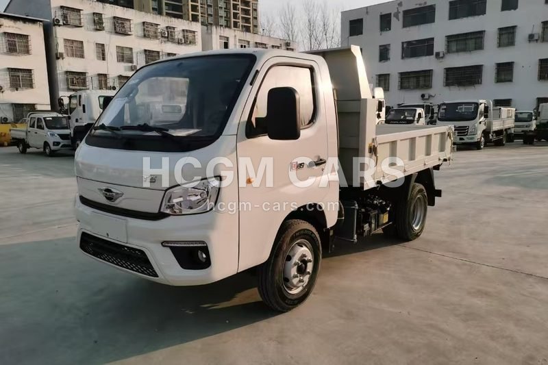 Foton Forland T5 mini dump truck in white, front three-quarter view with tipping body