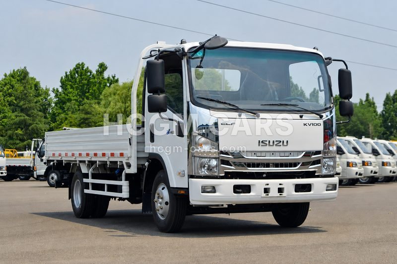 Isuzu KV100 131 hp cargo truck in white, front three-quarter view